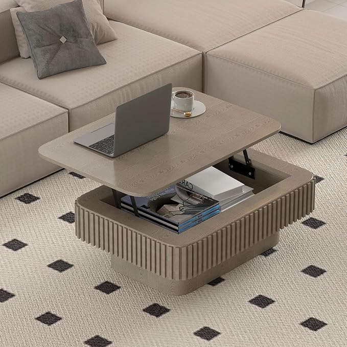 SZTHHDF Lift Top Coffee Table for Living Room,Rectangle Handmade Solid Wood Strips, Fluted Coffee Table with Hidden Storage Compartment Small Space Office Apartment (38.6" L×26.8''W×13.8''H-Grey)