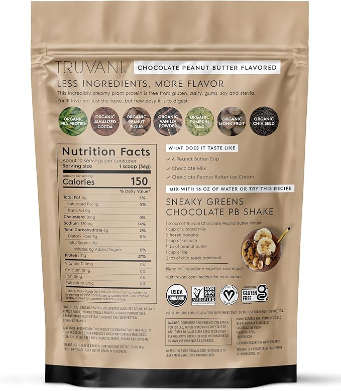 Truvani Vegan Pea Protein Powder | Chocolate Peanut Butter | 20g Organic Plant Based Protein | 10 Servings | Keto | Gluten & Dairy Free | Low Carb | No Added Sugar