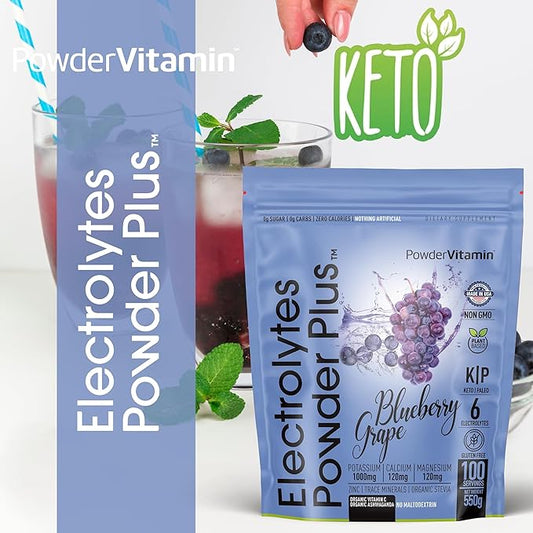 Electrolytes Powder Plus (100 Servings) Blueberry Grape Electrolyte Powder Sugar Free, Keto, 0 Sugar, No Maltodextrin, 1000mg Potassium,120mg Calcium,120mg Magnesium, Hydration