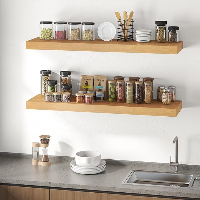 Dreamland 48" Floating Shelves for Wall, 12" Deep Thicker Oak Floating Shelves, Wall-Mounted Shelves for Bedroom, Living Room, Kitchen, Bathroom - Set of 2