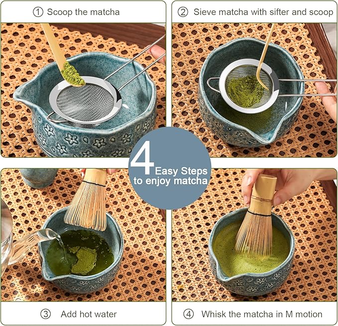 Matcha Whisk Set, 7 Pcs Matcha Kit Includes Ceramic Blue Matcha Bowl, Whisk and Holder, Bamboo Scoop, Scoop Stand, Sifter, and Tea Towel - Traditional Tea Ceremony Accessory Set for Matcha Lovers