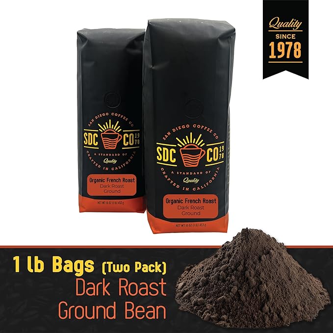 San Diego Coffee Organic French Roast, Dark Roast, Ground Coffee, 16-Ounce Bags (Pack of 2) Café molido tostado
