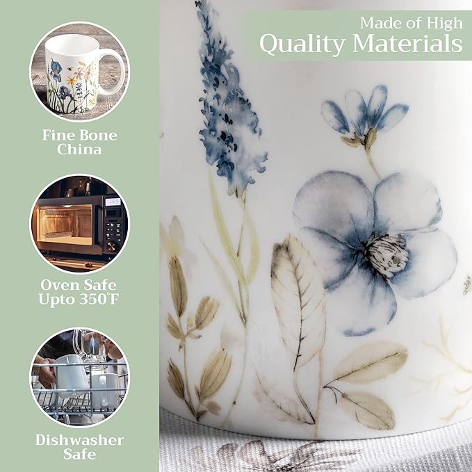 Maison d' Hermine Coffee Mug with Handles Fine Bone China Mugs Pack of One Tea Cups for Hot Beverages Cappuccino Latte Home Restaurant Office Perfect for Gift (Ice Florals - Forsty Morning, 12 Ounce)