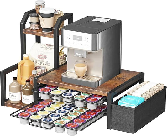 Homeiju Coffee Pod Holder Drawer for K-Cup,2-Tier Nespresso Pods Holder, K Cup Holder Holds 60 K-Cups & 10 Syrup Bottles, Sliding Storage Drawer and Countertop Storage