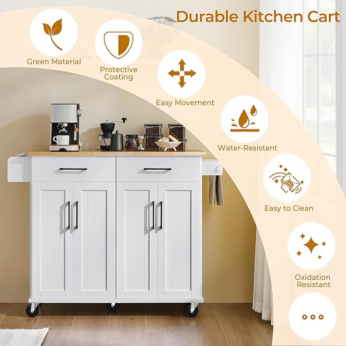 Yaheetech Kitchen Island Cart with Drop Leaf, 49" Rolling Island Table with Storage, Drawer, Kitchen Cart with Rubberwood Top, Detachable Towel & Spice Rack, White