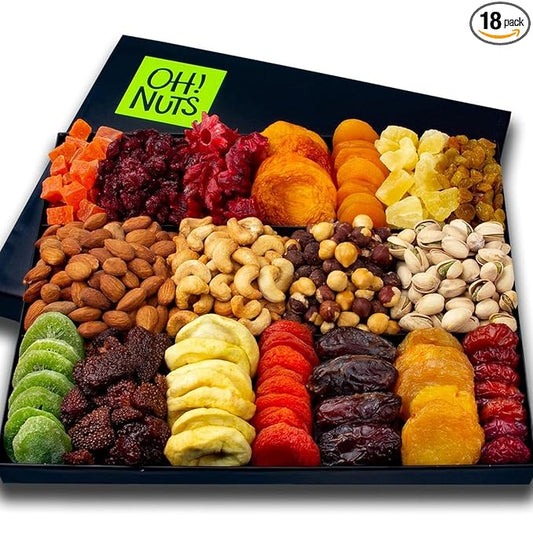 Oh! Nuts Dried Fruit and Nut Gift Basket - XL 18 Variety Gourmet Assorted Fruits and Nuts Gift Baskets - Holiday Gift Box - Food Snack Box for Birthday, Corporate - Gift for Men, Women