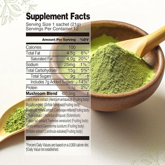 Mushroom Matcha Powder Latte Mix, 7.4 Ounce, 7 Superfood Mushrooms with 25% Beta-Glucans, Lions Mane, Reishi, Chaga, Coconut Powder, Ceremonial Grade Matcha Tea