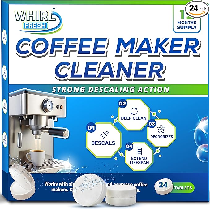 Whirl Fresh Coffee Machine Descaler Tablets – 24 Count, Coffee Maker Cleaner Tablets Compatible with All Major Brands Including Breville, Nespresso, Keurig, Ninja, Philips,Miele, Delonghi & more