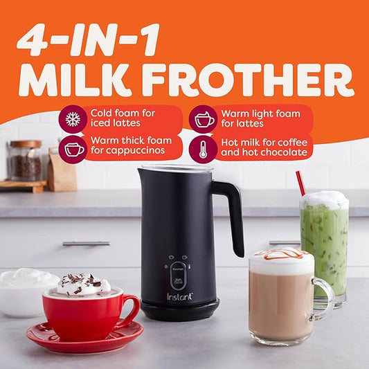 Instant Pot Milk Frother, 4-in-1 Electric Milk Steamer, 10oz/295ml Automatic Hot and Cold Foam Maker and Milk Warmer for Latte, Cappuccinos, Macchiato, From the Makers of Instant 500W, Black