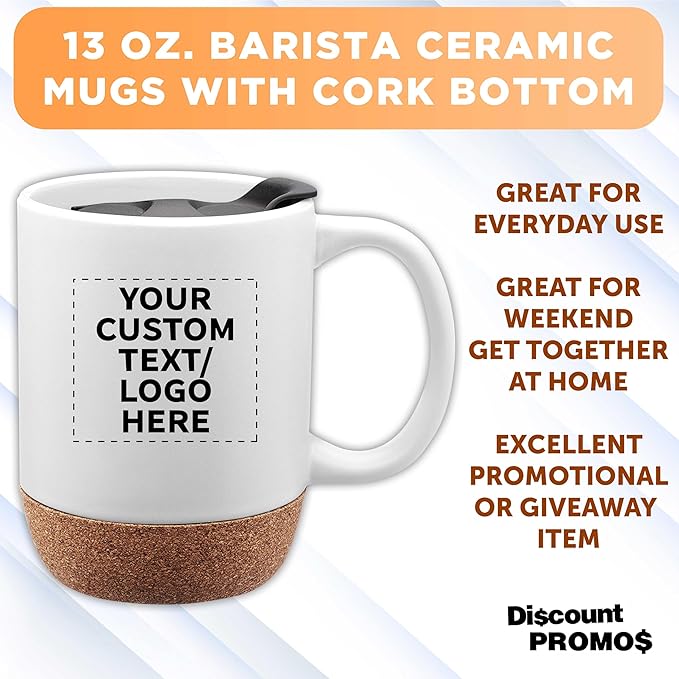 Custom Barista Ceramic Mugs with Cork Bottom 13 oz Set of 12/36/72 Personalized Bulk Pack Perfect for Coffee Tea Espresso Hot Cocoa Other Beverages - White