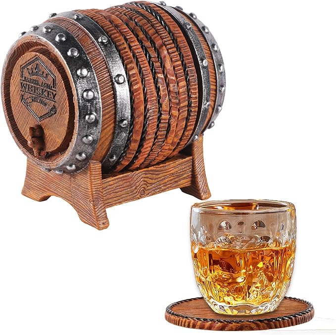 Whiskey Barrel Coasters Set 6 Full Size Non-Slip Cabin Decor Bar Coasters, Indoor Christmas Decorations, Man Cave Gifts for Men and Whiskey Lovers, Rustic Handmade Cup Coaster for The Home