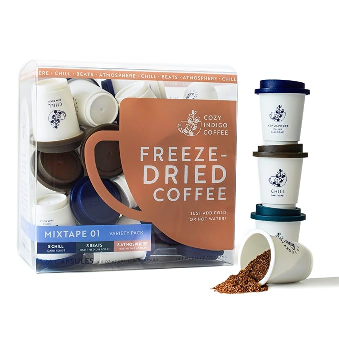 COZY INDIGO COFFEE - MIXTAPE 01 Instant Freeze Dried Specialty Coffee, 3 Flavor Variety Pack, Medium, Dark, Italian Roasts, 24 Capsules, 100% Arabica Beans, Enjoy Cold or Hot, Perfect for Travel and On The Go