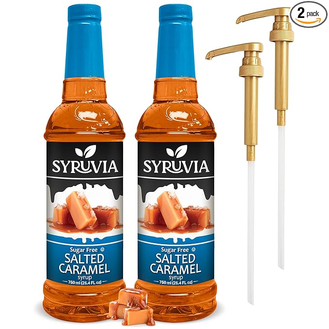 Syruvia Sugar-free Salted Caramel - 25.4 fl oz. Premium Coffee Flavoring Syrup. 0 Calories, Kosher, and Gluten-Free. Perfect for Drinks, Sodas, Shakes, Desserts, and More With Pump (Pack of 2)