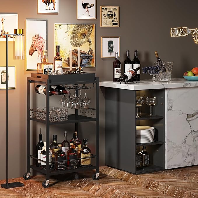 TUTOTAK Bar Cart with Removable Tray, Home Bar Serving Cart, Drink Cart, Mobile Kitchen Shelf with Wine Rack and Glass Holder, Rolling Beverage Cart for Living Room, Kitchen, Black BC01BK036