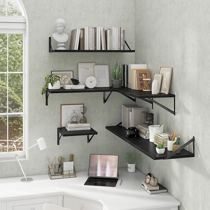 Deep Floating Shelves Wall Mounted, 30"x12" Black Wall Shelves with Brackets Set of 2 for Bedroom, Living Room, Bathroom, Kitchen, Office - Storage & Display Shelf for Decor, Books, Plants