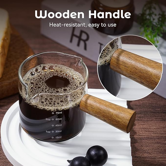 2 Pack Espresso Shot Cups Measuring cups, Wooden Handle V-Shaped Double Spout Espresso Shot Glass, Coffee Bar Essentials, coffee accessories