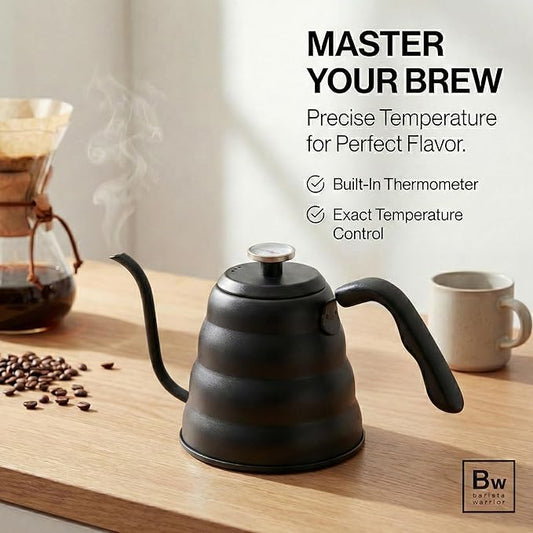 Barista Warrior Gooseneck Kettle for Pour Over Coffee and Tea with Thermometer for Exact Temperature, Precision Pour Drip Spout, Compatible with all Stove Tops (Matte Black, 1.2 Liter, 40 fl oz)