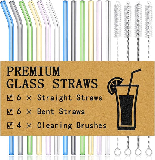 Piteno® 16-Pack Reusable Glass Drinking Straws, 8.5''x10MM, Set of 6 Straight and 6 Bent with 4 Cleaning Brushes, Perfect for Smoothies, Milkshakes, Juice, Tea (Rainbow)