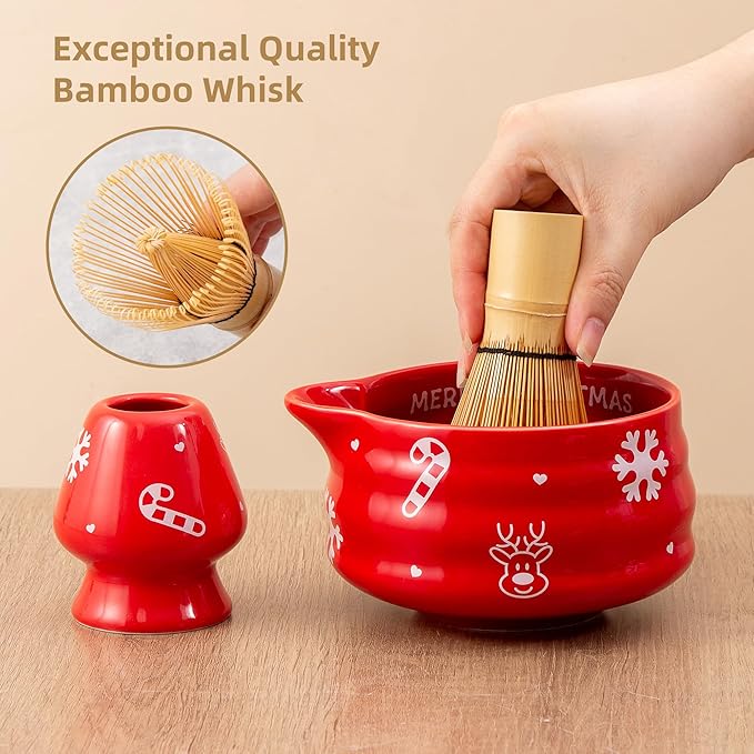 5pcs Premium Matcha Set,Ceramic Bowl with Spout and Bamboo Whisk set, Ceremonical Matcha Kit for holiday,Tea Starter Making Kit,Christmas Matcha Gift set (Reindeer Red)