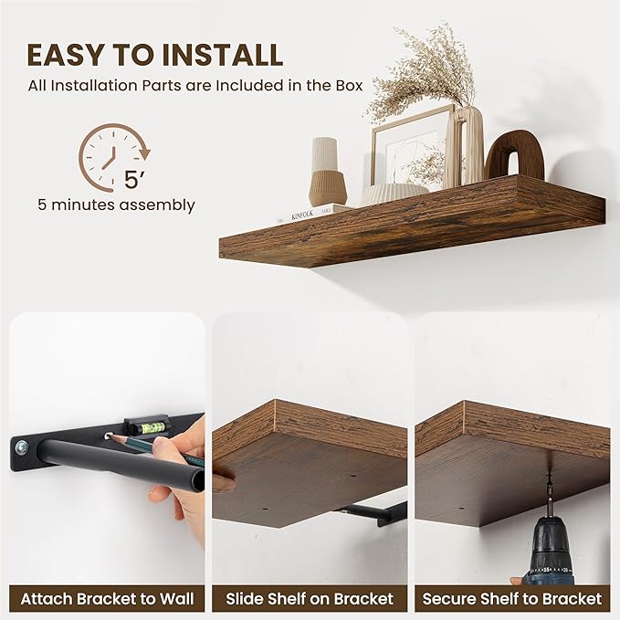 Fun Memories 55 Inch Fireplace Mentel Shelf, 10 Inch Deep Shelves for Display & Wall Storage, Rustic Wood Wall Shelf, Extra Long Floating Shelves for Living Room Laundry Room, Rustic Brown, Set of 1