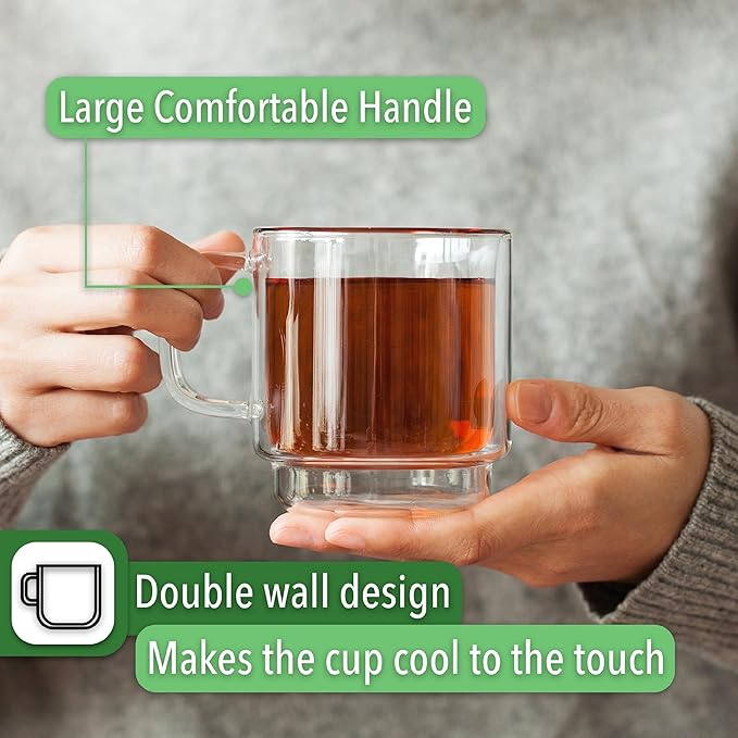 BTaT- Double Walled Stackable Glass Coffee Mugs, 8 oz, Set of 4, Glass Coffee Cups with Handle, Insulated Clear Coffee Mug for Hot and Cold Beverages, Cappuccino, Latte, Tea, Americano