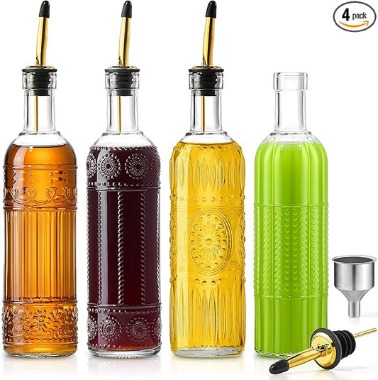 4 Pcs Olive Oil Dispenser Bottle for Kitchen,17oz Clear Glass Oil and Vinegar Dispenser Bottle Set, Classic Coffee Syrup Dispenser with 4 Stainless Steel Spouts and 1 Funnel (Round)
