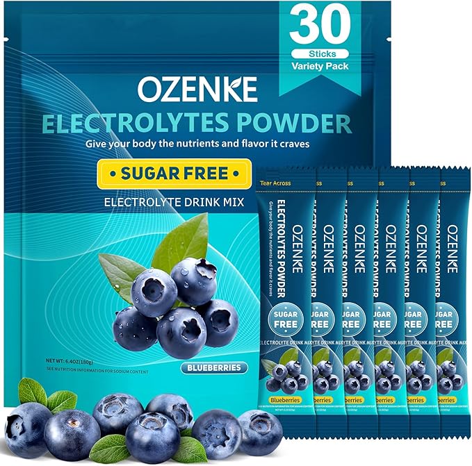 Electrolytes Powder Packets, 30 Sticks Hydration Packets Sugar Free, Electrolyte Drink Mix Portable Electrolyte Packet for Rapid Hydration, 0 Sugar & 0 Calorie, Blueberry Flavor