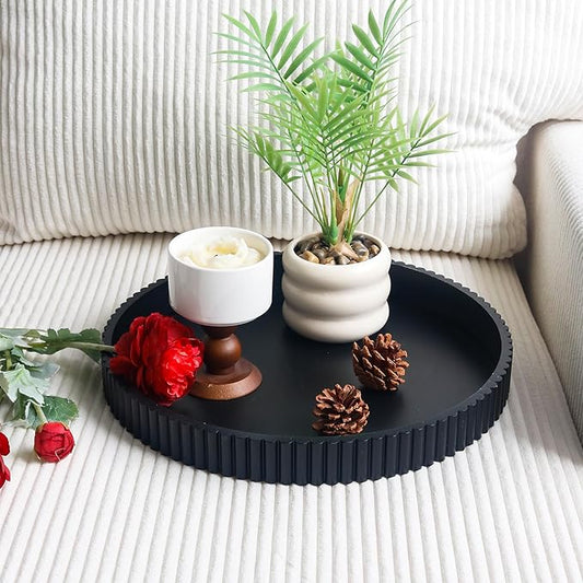 Round Decorative Tray for Coffee Table Decor, 11.8in Black Decorative Serving Tray for Kitchen Counter,bandejas decorativas, Wooden Serving Tray for Party