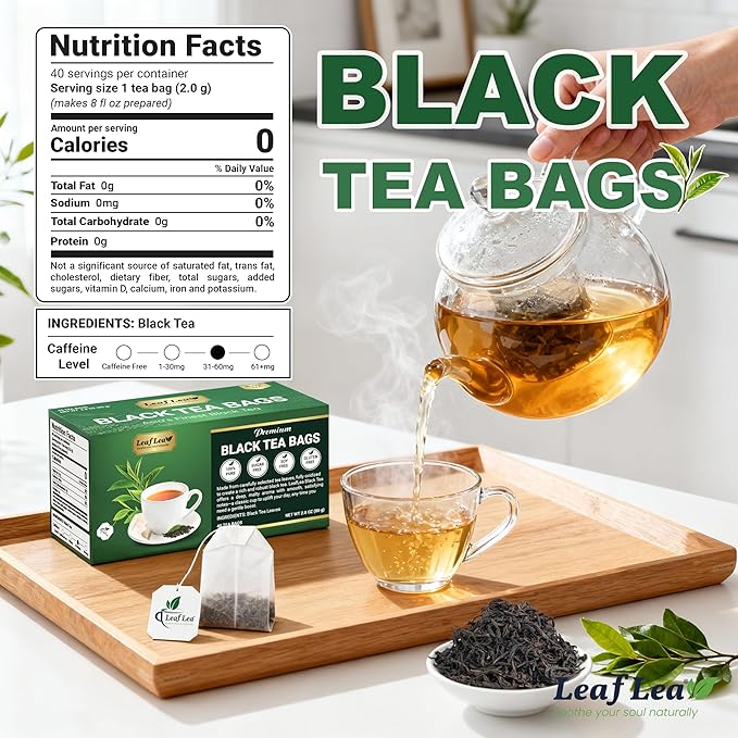 LeafLea 40 Black Tea Bags, Premium Full-Bodied Black Tea Leaves, Strong Robust and Flavoury, Digestive Ease & Natural Alertness with Caffeine, Sugar-Free, Vegan, Individually Wrapped