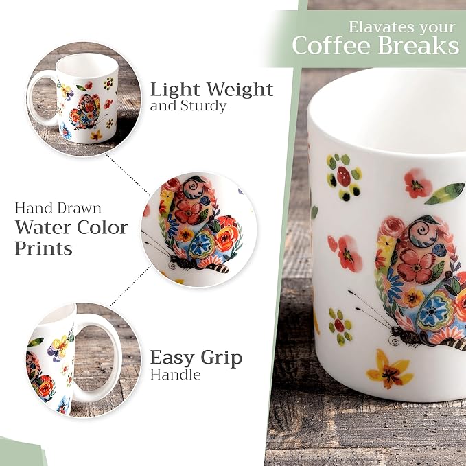 Maison d' Hermine Coffee Mug with Handles Fine Bone China Mugs Pack of One Tea Cups for Hot Beverages Cappuccino Latte Home Office Perfect for Gift (Happy Florals - High Summer Butterfliess, 12 Ounce)