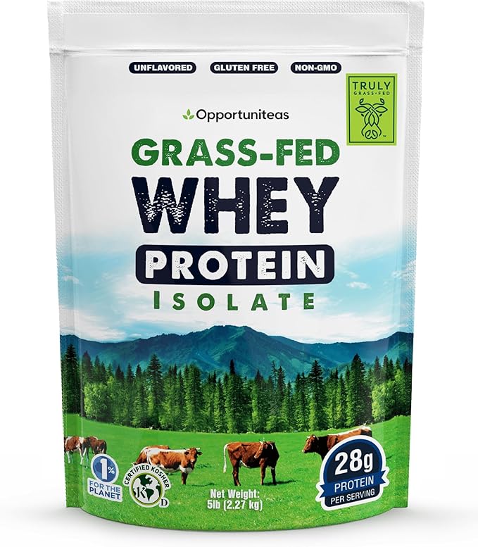 Opportuniteas Grass Fed Whey Isolate Protein Powder – Unflavored, Heavy-Metal Tested, 28g Protein, Sourced from Ireland, Hormone-Free, Non-GMO, Packaged in USA – 5lb