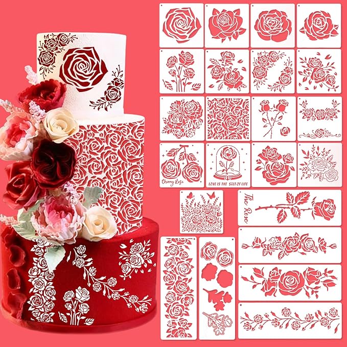 Rose Flower Cake Stencils Kit Reusable Floral Cookie Coffee Stencil Drawing Template for Valentines Day Dessert Buttercream Painting DIY Crafts Decor (23 Pcs)