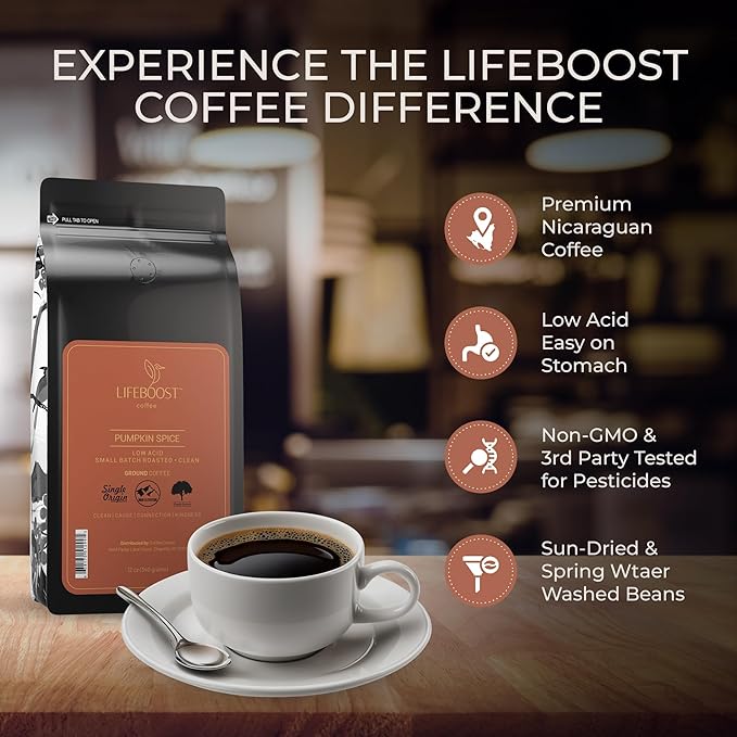 Lifeboost Pumpkin Spice Coffee Ground – Organic, Low Acid, Non-GMO, Single Origin Medium Roast – Mycotoxin-Free Cozy Flavored Fall Coffee, 12 oz