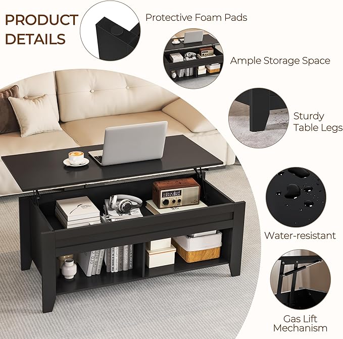 Yaheetech Black Coffee Table, Lift Top Coffee Tables with Hidden Storage Compartment & Open Shelf, Lift Tabletop Pop-Up for Living Room Reception, 47.5inch L