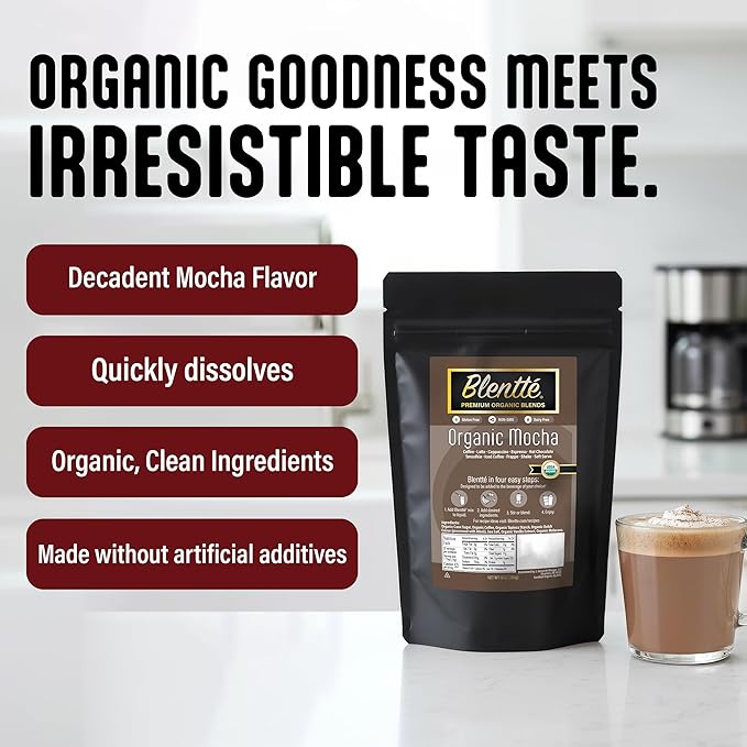 Blentte - Organic Mocha Drink Mix - Latte, Cappuccino, Frappe, Hot Chocolate & Coffee Blend - For Instant Smooth Chocolatey Beverage - Non-GMO - Dairy-Free - Gluten-Free - 10 Oz