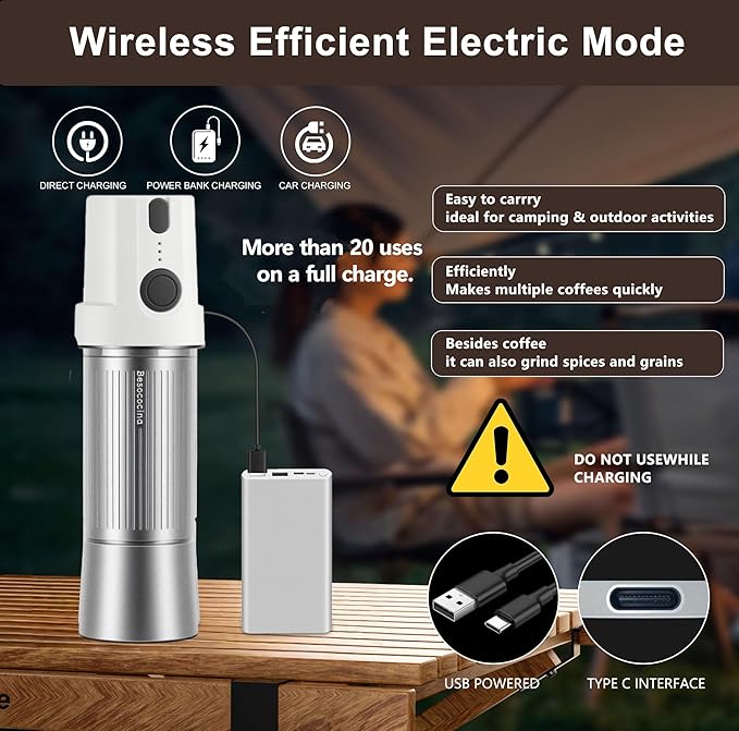 Burr Coffee Grinder 2-in-1 Manual/Electric, 40mm Stainless Steel Conical Burr Coffee Bean Grinder, USB Rechargeable Home Use, 16 Grind Levels for Espresso/Drip/French Press/Mocha (Silver)