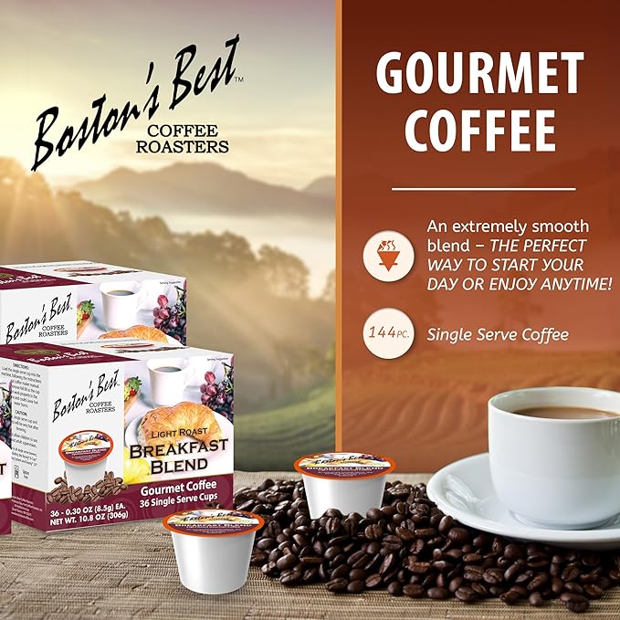 Boston’s Best - Smooth Light-Roast Breakfast Blend, Delicious Gourmet Coffee Compatible with Keurig Coffee Maker - 144 Count (Pack of 1)