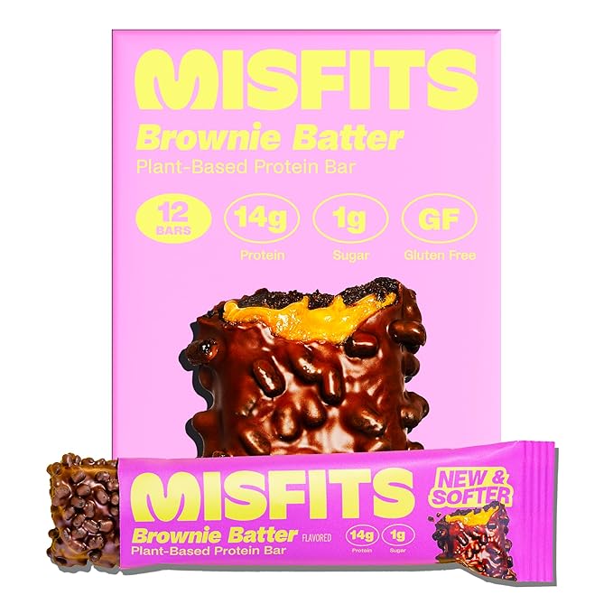 Misfits Vegan Protein Bars - Fudgey Brownie Batter| Nutrition Bars - 14g Protein, 1g Sugar, Plant-based, Low Carb, Non-GMO, Gluten Free Snacks | Pack of 12
