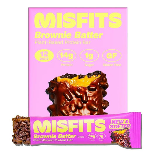 Misfits Vegan Protein Bars - Fudgey Brownie Batter| Nutrition Bars - 14g Protein, 1g Sugar, Plant-based, Low Carb, Non-GMO, Gluten Free Snacks | Pack of 12