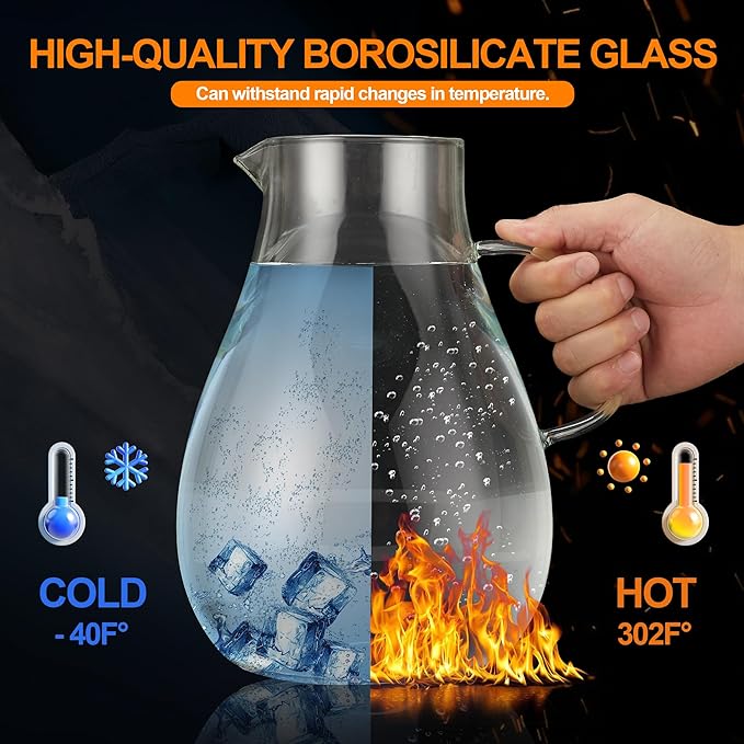 1 Gallon Glass Pitcher with Lid and Handle, Hot & Cold Water Jug, Extra-Wide Mouth Beverage Carafe for Juice, Iced Tea & Drinks