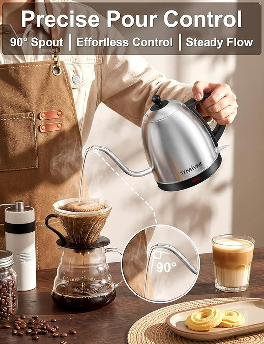 Stariver Electric Kettle Gooseneck Kettle, 1L Water Boiler, BPA-Free, Pour Over Tea Pot Stainless Steel for Coffee & Tea with Fast Heating, Auto-Shut Off and Boil-Dry Protection Tech