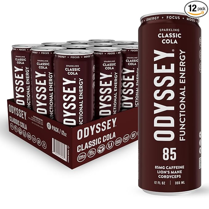 Odyssey Functional Energy Drink for Focus, Cognition & Mood Support 12 Pack - Adaptogenic Drink with 85mg Green Tea Caffeine, Lion’s Mane, Cordyceps, L-Theanine & Ginseng, Sparkling Cola