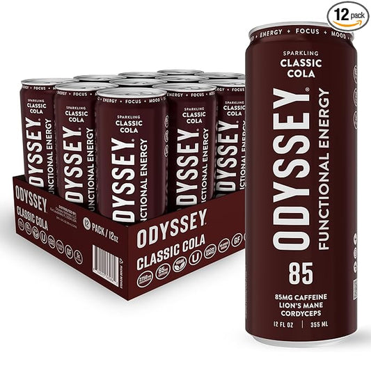 Odyssey Functional Energy Drink for Focus, Cognition & Mood Support 12 Pack - Adaptogenic Drink with 85mg Green Tea Caffeine, Lion’s Mane, Cordyceps, L-Theanine & Ginseng, Sparkling Cola