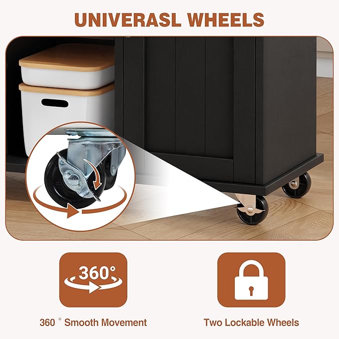 JY QAQA 42" Kitchen Island with Storage on Wheels, Rolling Table with Drop Leaf, Drawers, Cart Handle for Towel Rack or Free Movement, Black