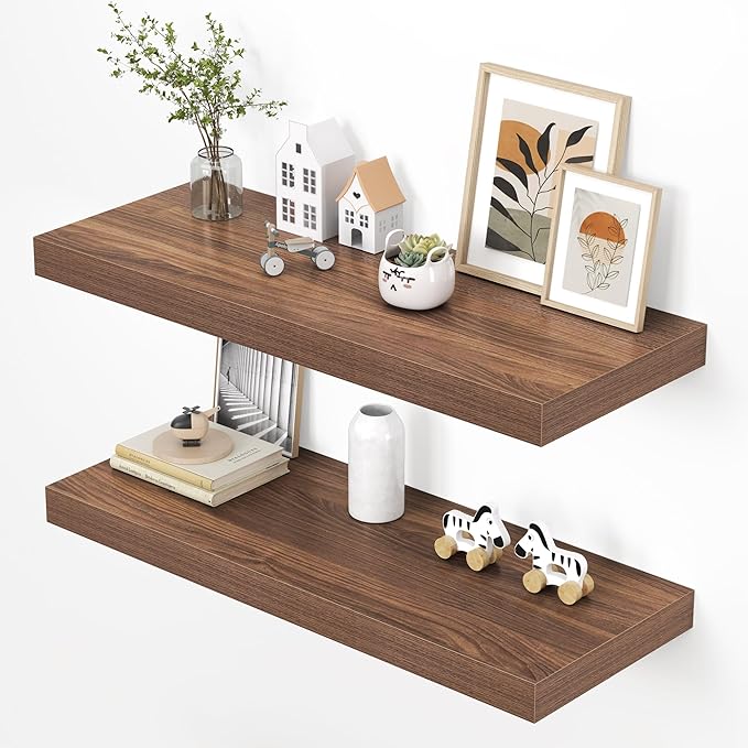 Dreamland 36" Floating Shelves for Wall, 12" Deep Thicker Walnut Floating Shelves, Wall-Mounted Shelves for Bedroom, Living Room, Kitchen, Bathroom - Set of 2
