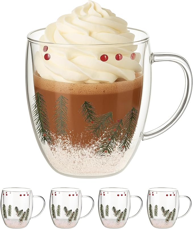 Gusto Buono Christmas Double Wall Glass Mugs Set of 4, 11 oz Borosilicate Coffee Tea Mugs, 12 cm Clear Insulated Glass with Christmas Design Inside, Italian Crafted Winter Charm