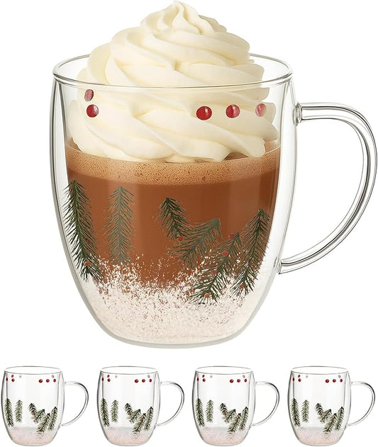 Gusto Buono Christmas Double Wall Glass Mugs Set of 4, 11 oz Borosilicate Coffee Tea Mugs, 12 cm Clear Insulated Glass with Christmas Design Inside, Italian Crafted Winter Charm