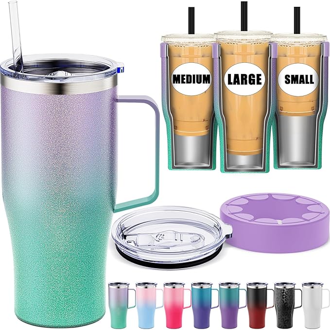 Universal Iced Coffee Sleeve with Handle - Insulated Double Wall Reusable Stainless Steel Holder Insulator for Cold Drinks Fits Small Medium Large To Go Cups Gifts for Men Women Him Her (Glitter)