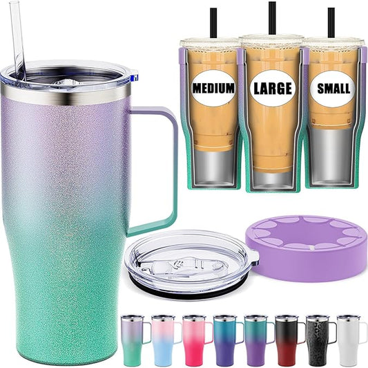 Universal Iced Coffee Sleeve with Handle - Insulated Double Wall Reusable Stainless Steel Holder Insulator for Cold Drinks Fits Small Medium Large To Go Cups Gifts for Men Women Him Her (Glitter)