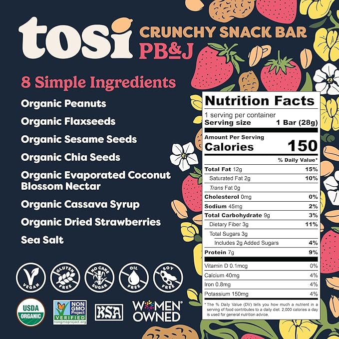 Tosi Nut Bars, PB&J, Healthy Snacks for Adults & Kids, Plant Based Crunchy Bars (7G Protein), Organic Keto Snacks, Vegan, Gluten & Soy Free, Low Sugar, Omega 3s, 1oz, 12-Pack